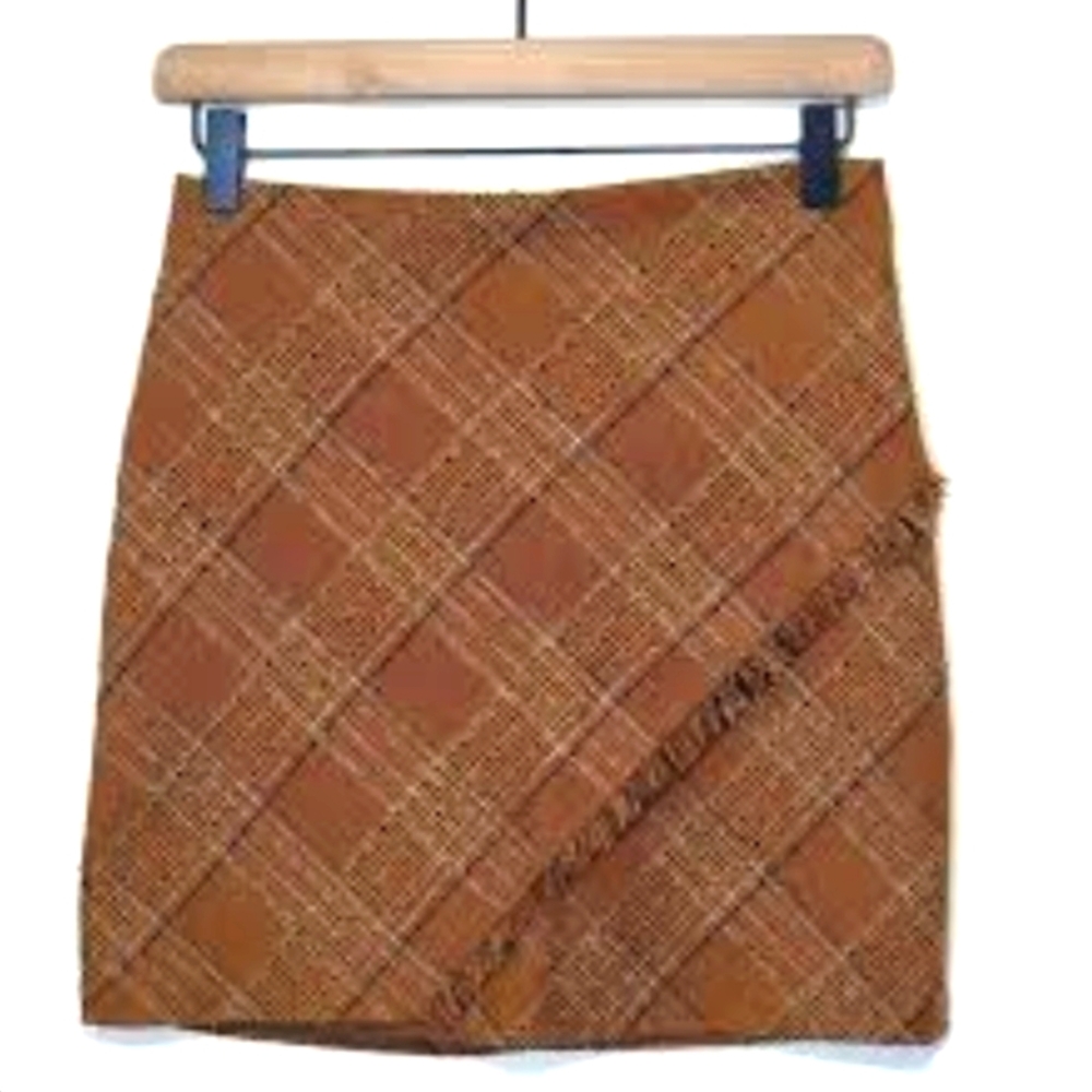 Free People Plaid Brown Mini Skirt With Diagonal Fringe
